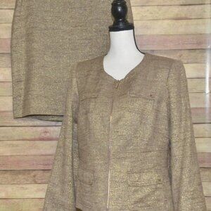 Anne Klein Ladies 2 Piece Gold Metallic Linen Blend Skirt Suit Size 12 Career